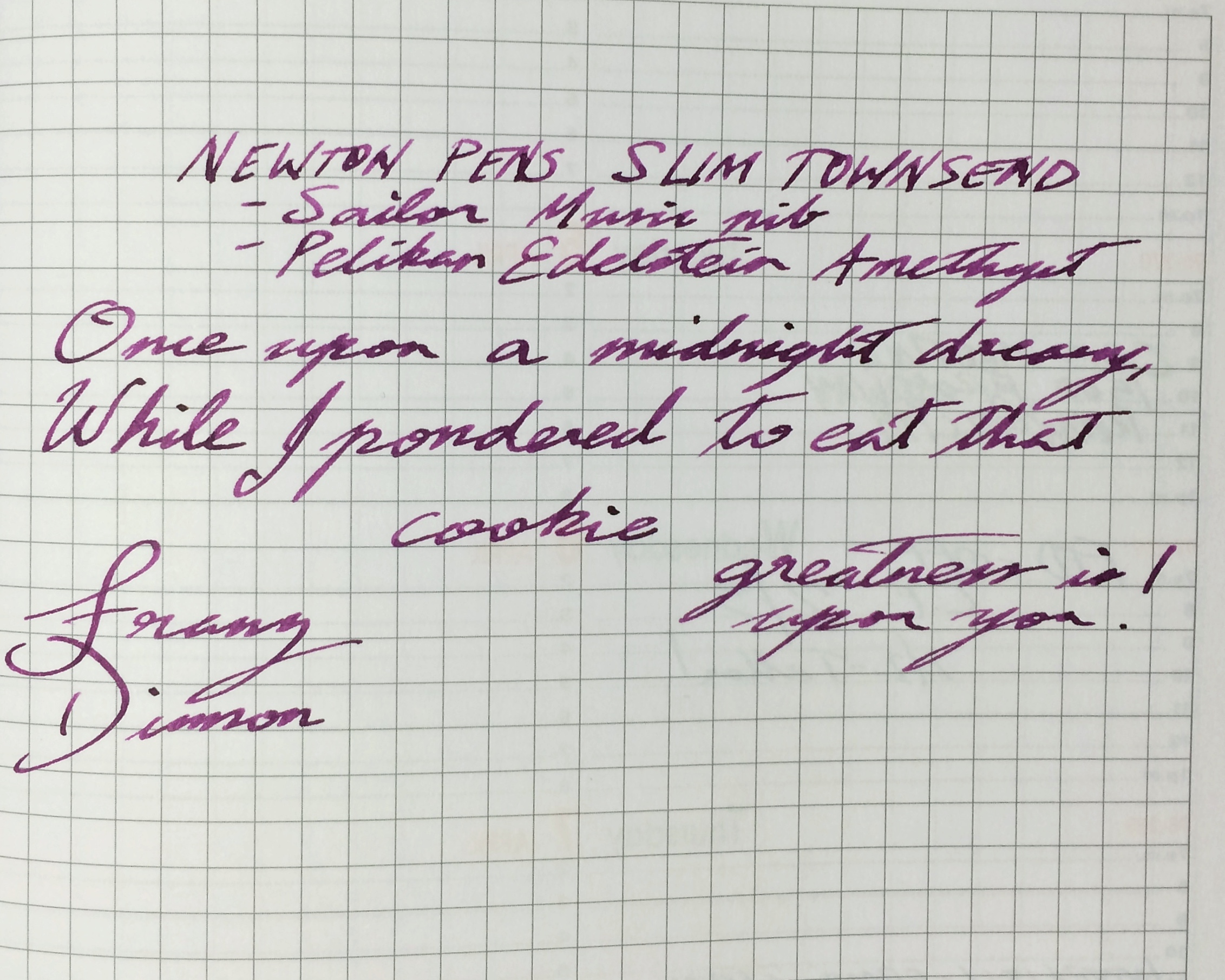 Franz’s writing sample on a Rhodia Weekly Planner. Pelikan Edelstein Amethyst ink